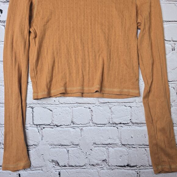 American Eagle Pointelle Mocha Brown Long Sleeve Mock Neck Crop Top Size Large - Picture 4 of 10